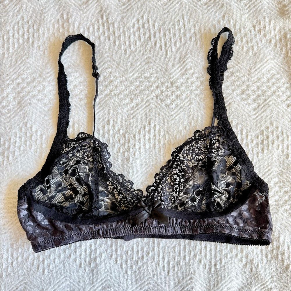 NWOT Hanky Panky After Midnight Black Lace Bralette w/ Leopard Trim, Size S
